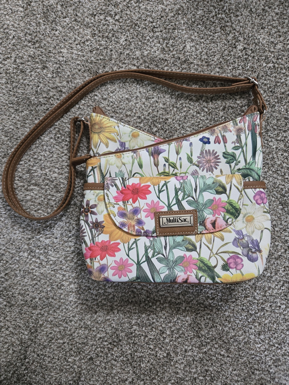 MultiSac Floral Crossbody Bag in White with Brown Trim
